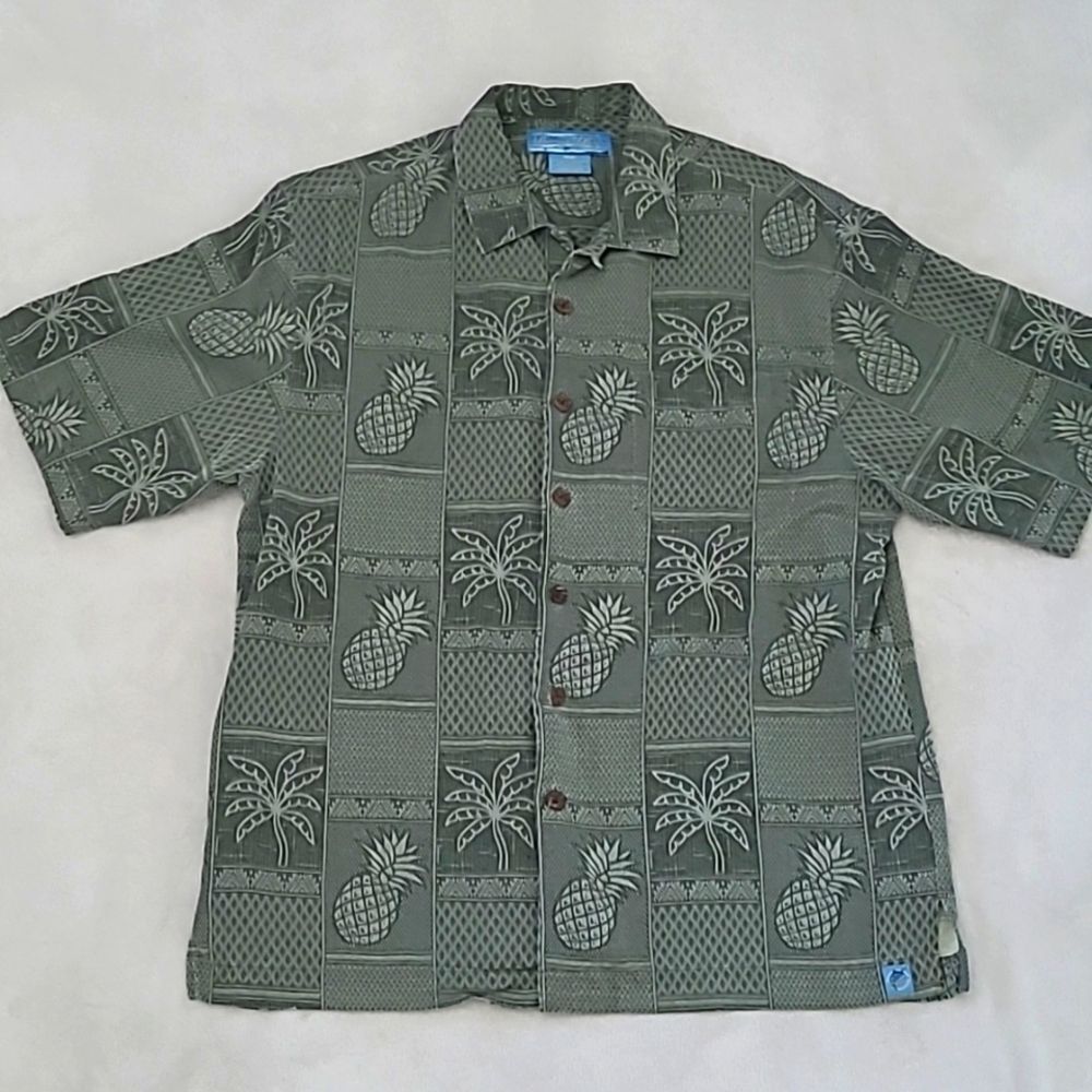 Bermuda Bay Men's Medium Silk Shirt Button Down Short Sleeve Green Tropical